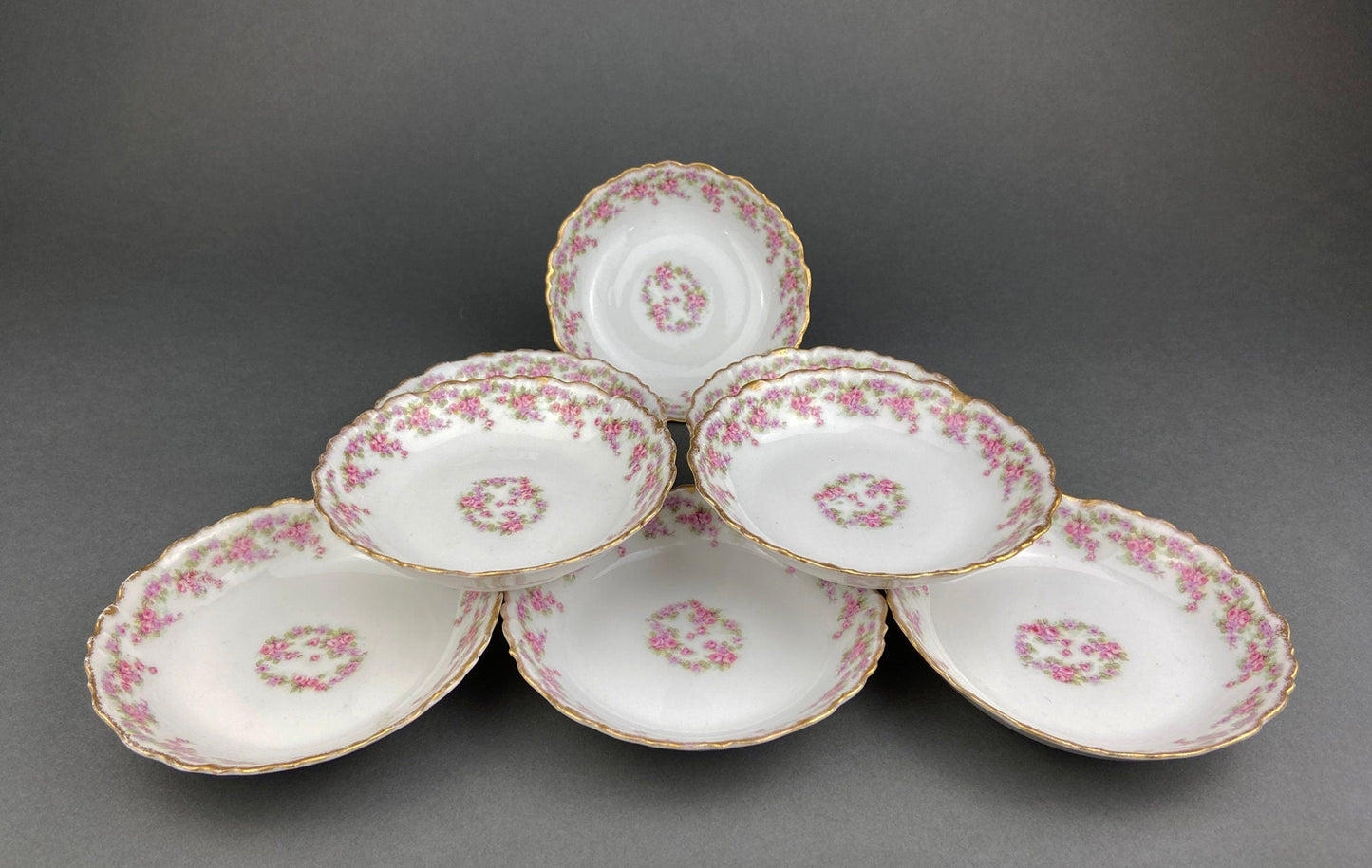 Berry Bowls by Limoges Elite. Set of Eight Berry Bowls. 5 inch Serving Bowls with Pink Roses & Scalloped Rim.
