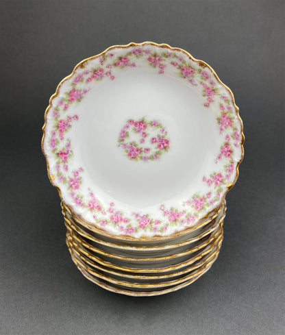Berry Bowls by Limoges Elite. Set of Eight Berry Bowls. 5 inch Serving Bowls with Pink Roses & Scalloped Rim.