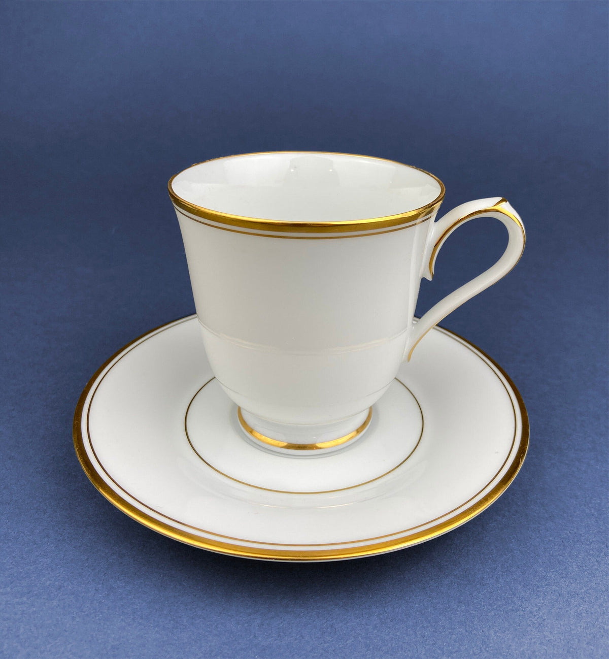 Contemporary Noritake White Cup and Saucer with Gold Rim. Classic Wedding Band China. Queen's Gold. Dining Room Decor. Minimal Design.