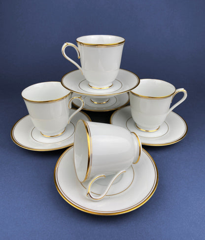 Contemporary Noritake White Cup and Saucer with Gold Rim. Classic Wedding Band China. Queen's Gold. Dining Room Decor. Minimal Design.