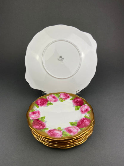 Royal Albert Set of Six Dessert Plates and One Serving Plate  with Old English Rose Pattern.  Made in England.