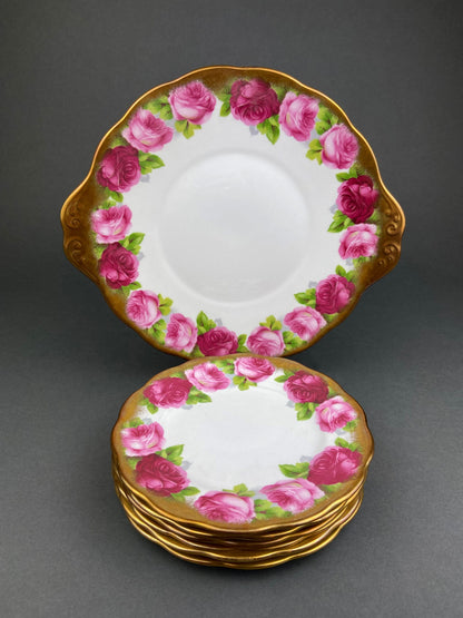 Royal Albert Set of Six Dessert Plates and One Serving Plate  with Old English Rose Pattern.  Made in England.