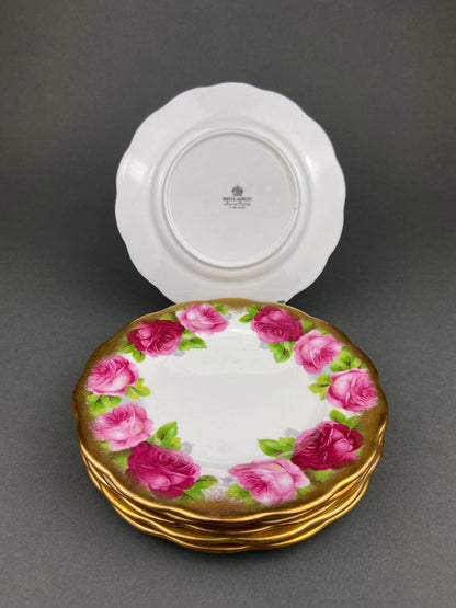 Royal Albert Set of Six Dessert Plates and One Serving Plate  with Old English Rose Pattern.  Made in England.