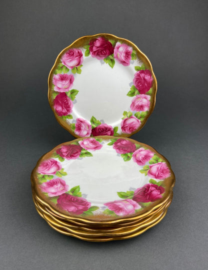Royal Albert Set of Six Dessert Plates and One Serving Plate  with Old English Rose Pattern.  Made in England.