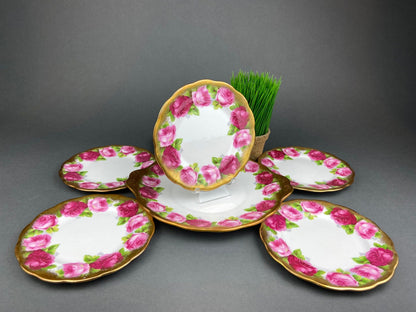 Royal Albert Set of Six Dessert Plates and One Serving Plate  with Old English Rose Pattern.  Made in England.