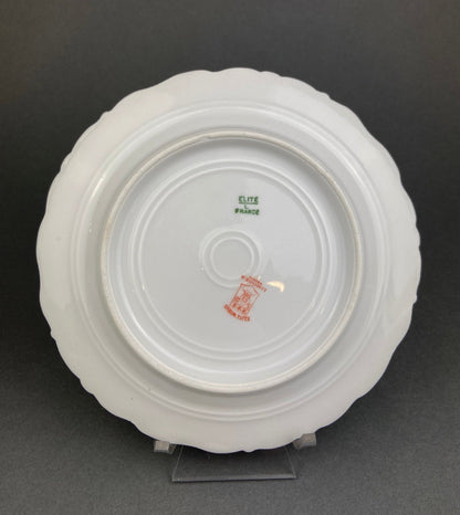 Limoges Elite Set of Five Bread, Salad, 8.75 inch Plates with Pink Roses and Scalloped Rim.  Antique Limoges Dishes.