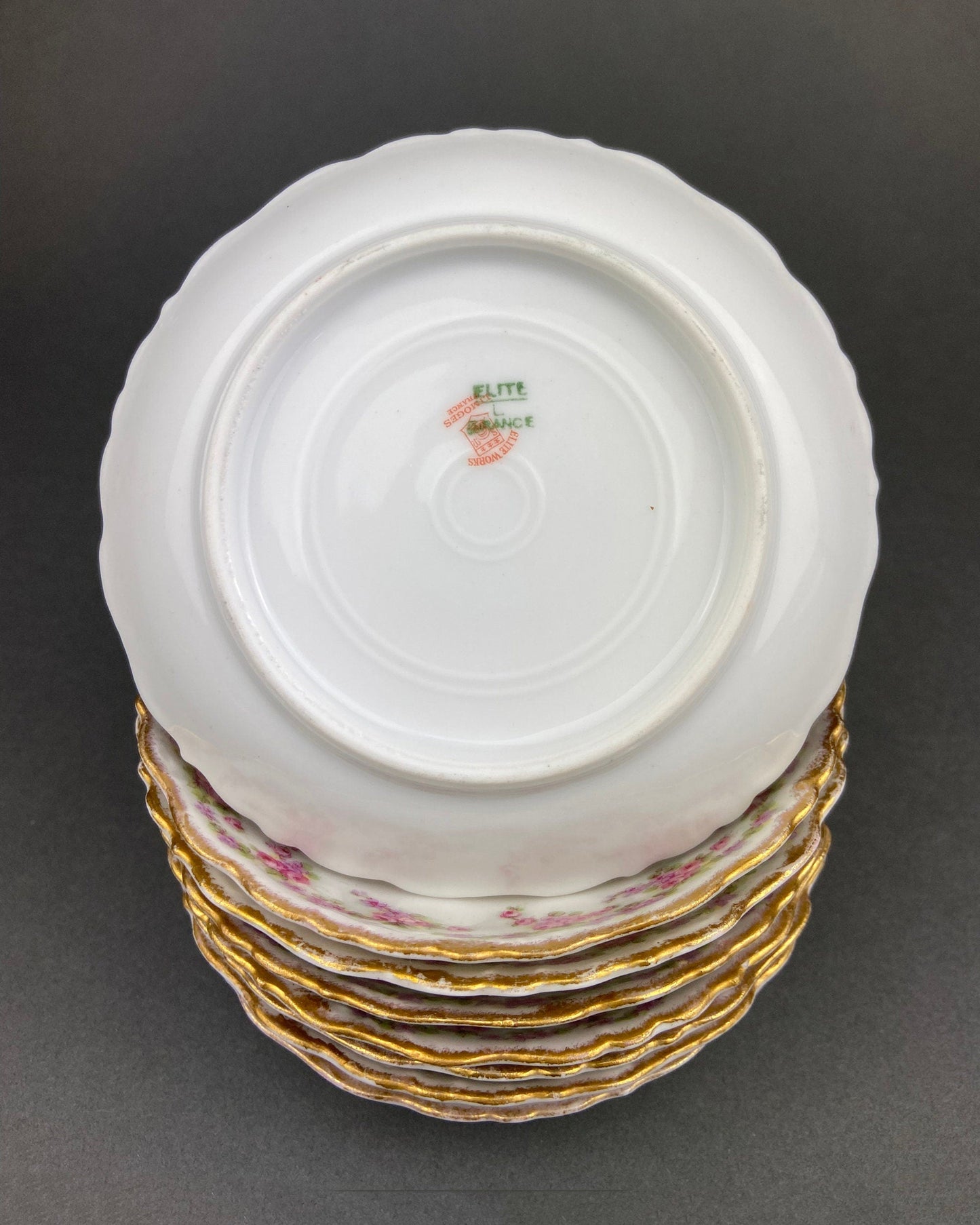 Berry Bowls by Limoges Elite. Set of Eight Berry Bowls. 5 inch Serving Bowls with Pink Roses & Scalloped Rim.