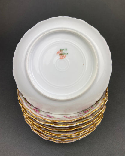 Berry Bowls by Limoges Elite. Set of Eight Berry Bowls. 5 inch Serving Bowls with Pink Roses & Scalloped Rim.