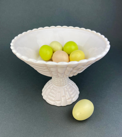 Pink Milk Glass Footed Fruit Bowl. Modern Quilt Pattern on the Outside of a Bowl. Floral Design Inside a Bowl.