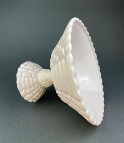 Pink Milk Glass Footed Fruit Bowl. Modern Quilt Pattern on the Outside of a Bowl. Floral Design Inside a Bowl.