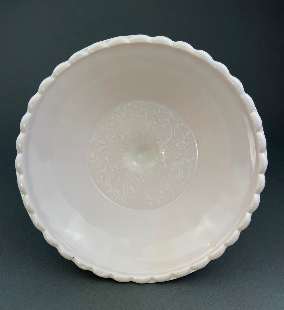 Pink Milk Glass Footed Fruit Bowl. Modern Quilt Pattern on the Outside of a Bowl. Floral Design Inside a Bowl.
