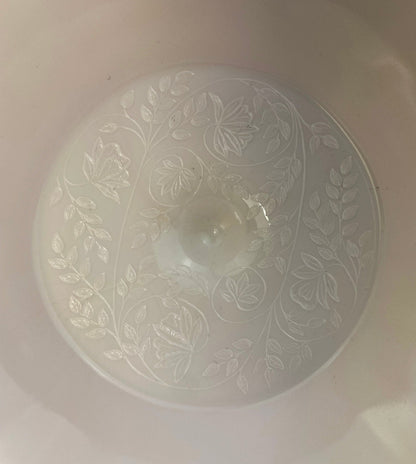 Pink Milk Glass Footed Fruit Bowl. Modern Quilt Pattern on the Outside of a Bowl. Floral Design Inside a Bowl.