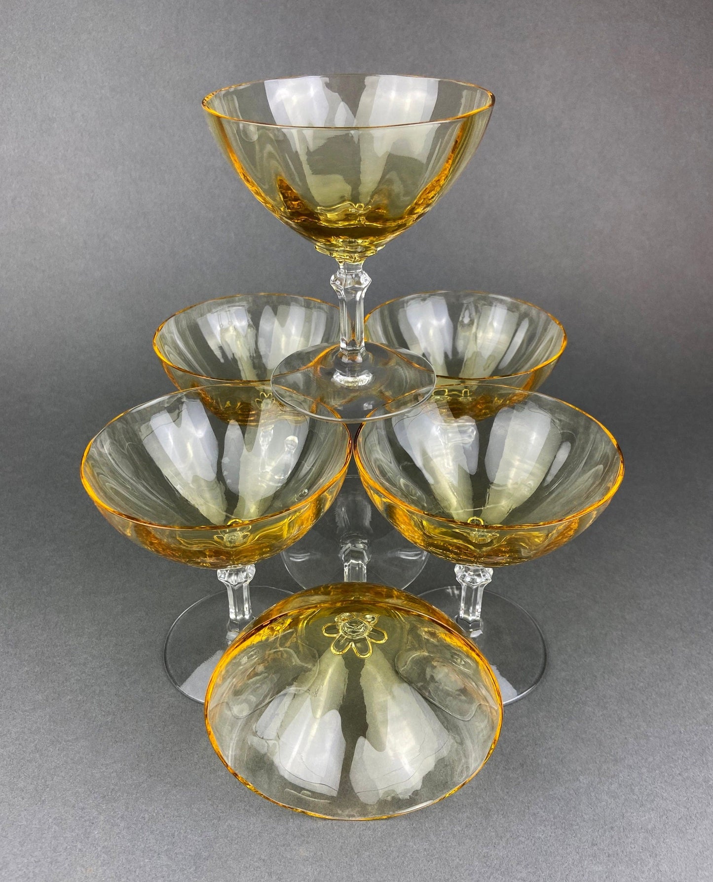 Vintage Fostoria Crystal Topaz Champagne Glasses. Light Yellow Depression Glass Low Sherbet Stemware. Gold Footed Glasses.  Set of Six.