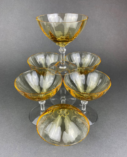Vintage Fostoria Crystal Topaz Champagne Glasses. Light Yellow Depression Glass Low Sherbet Stemware. Gold Footed Glasses.  Set of Six.