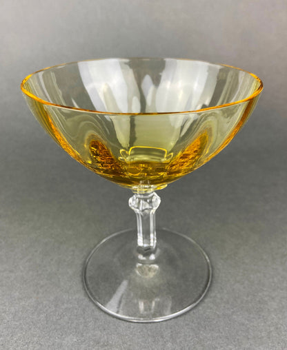 Vintage Fostoria Crystal Topaz Champagne Glasses. Light Yellow Depression Glass Low Sherbet Stemware. Gold Footed Glasses.  Set of Six.