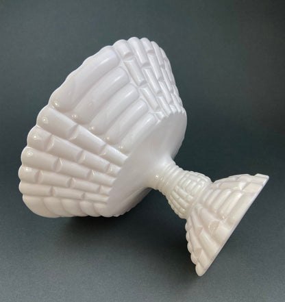 Pink Milk Glass Footed Fruit Bowl. Modern Quilt Pattern on the Outside of a Bowl. Floral Design Inside a Bowl.