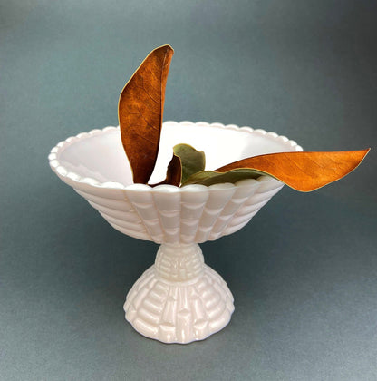 Pink Milk Glass Footed Fruit Bowl. Modern Quilt Pattern on the Outside of a Bowl. Floral Design Inside a Bowl.