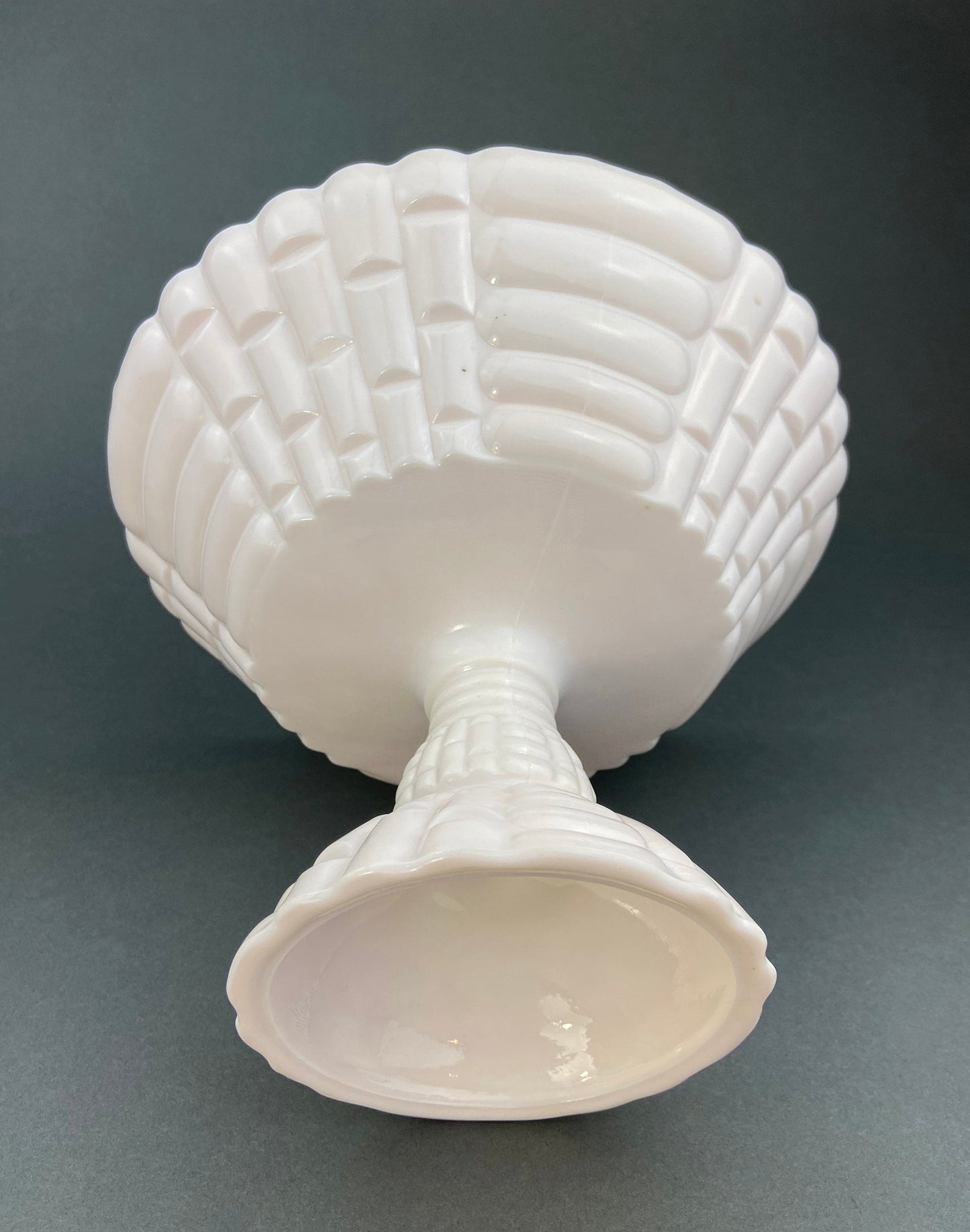 Pink Milk Glass Footed Fruit Bowl. Modern Quilt Pattern on the Outside of a Bowl. Floral Design Inside a Bowl.