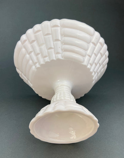 Pink Milk Glass Footed Fruit Bowl. Modern Quilt Pattern on the Outside of a Bowl. Floral Design Inside a Bowl.