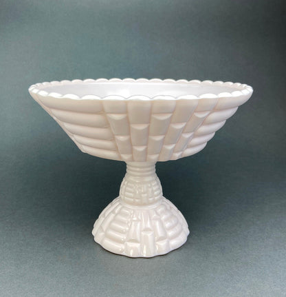 Pink Milk Glass Footed Fruit Bowl. Modern Quilt Pattern on the Outside of a Bowl. Floral Design Inside a Bowl.