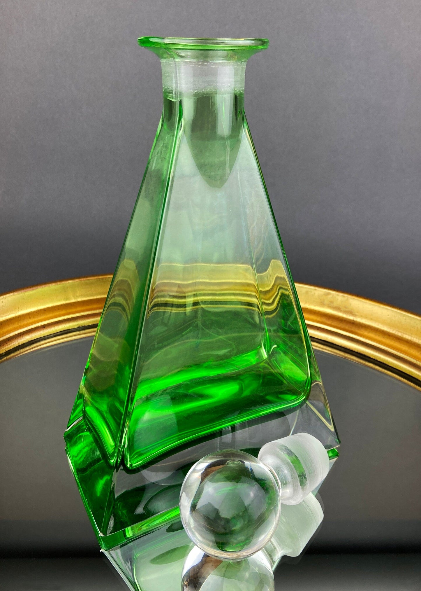 Green Crystal Decanter with Clear Stopper. Minimal Crystal Carafe. Office Decor. Social Club Decor. Men Cave Accessory. Gift for Dad.