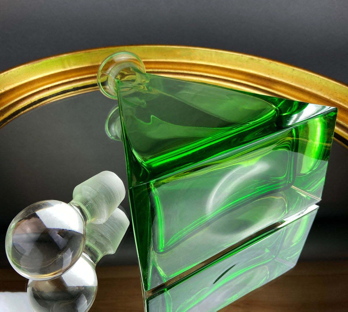 Green Crystal Decanter with Clear Stopper. Minimal Crystal Carafe. Office Decor. Social Club Decor. Men Cave Accessory. Gift for Dad.