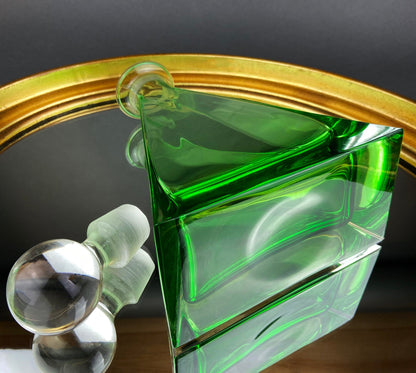 Green Crystal Decanter with Clear Stopper. Minimal Crystal Carafe. Office Decor. Social Club Decor. Men Cave Accessory. Gift for Dad.