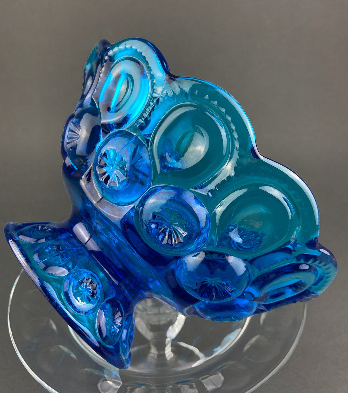 Vintage Blue Glass Footed Serving Bowl. 1960's Kings Crown Thumb Print Glass Jar with Ruffled Edge. Collectible Blue Glass Dish.