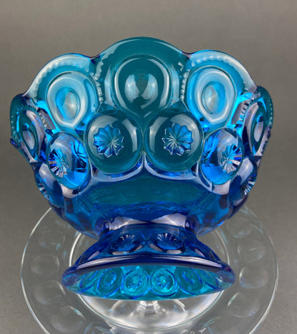 Vintage Blue Glass Footed Serving Bowl. 1960's Kings Crown Thumb Print Glass Jar with Ruffled Edge. Collectible Blue Glass Dish.