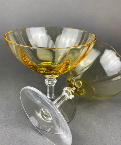 Vintage Fostoria Crystal Topaz Champagne Glasses. Light Yellow Depression Glass Low Sherbet Stemware. Gold Footed Glasses.  Set of Six.