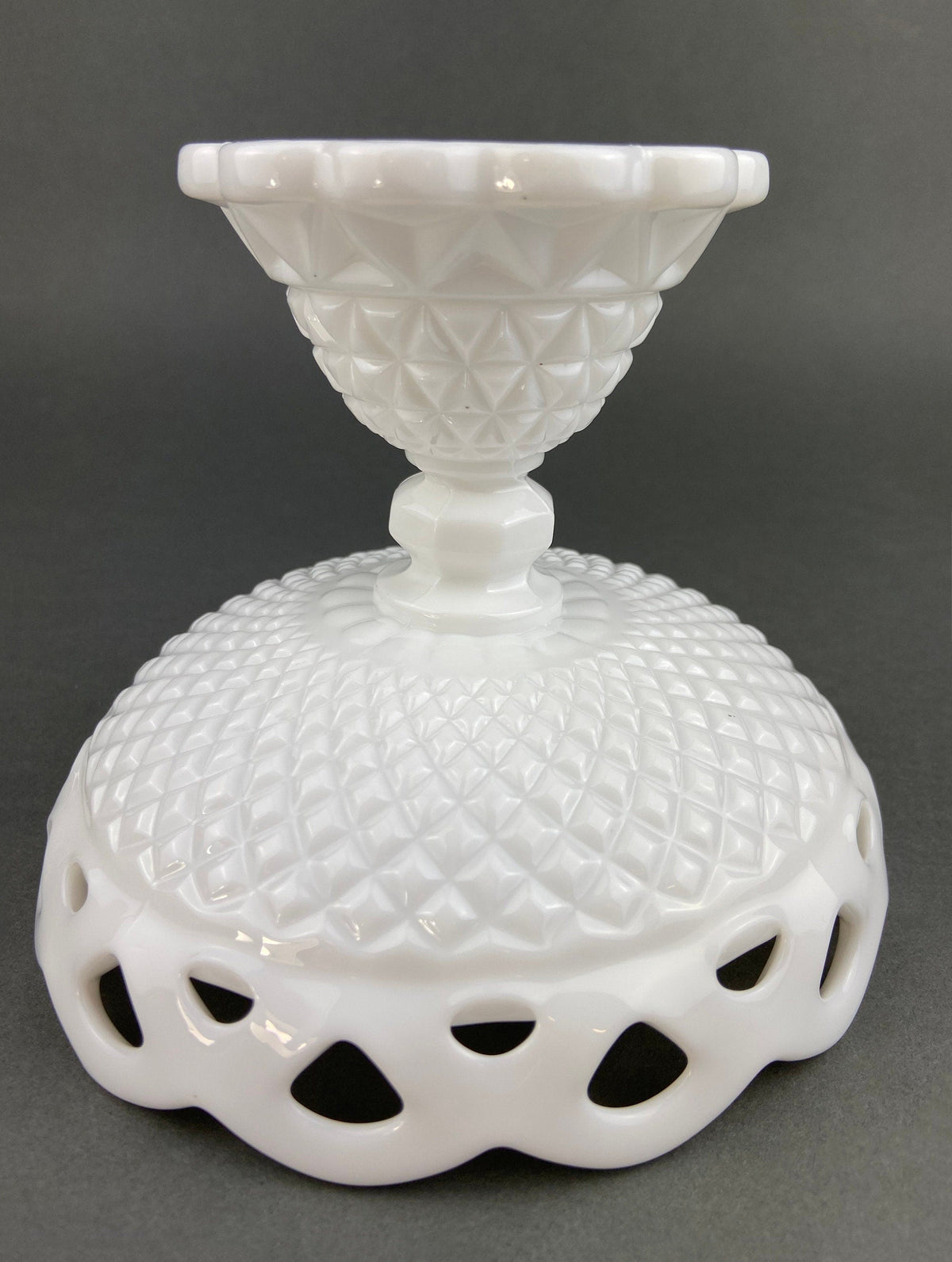 Vintage Milk Glass Compote or Footed Bowl. White Glass Candy Dish. Trinket Dish. Waffle Pattern with Scalloped Reticulated Edge.