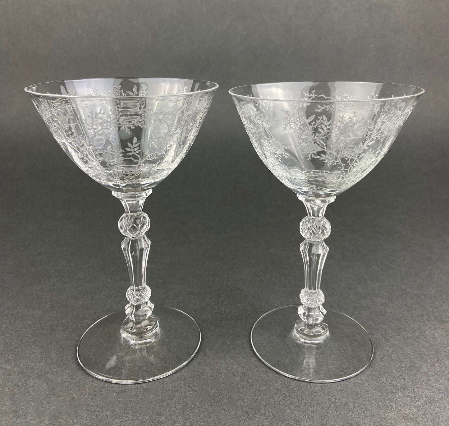 Vintage Fostoria Claret Wine Glasses. Set of Two Chintz Motif Stemware. Fine Dining.
