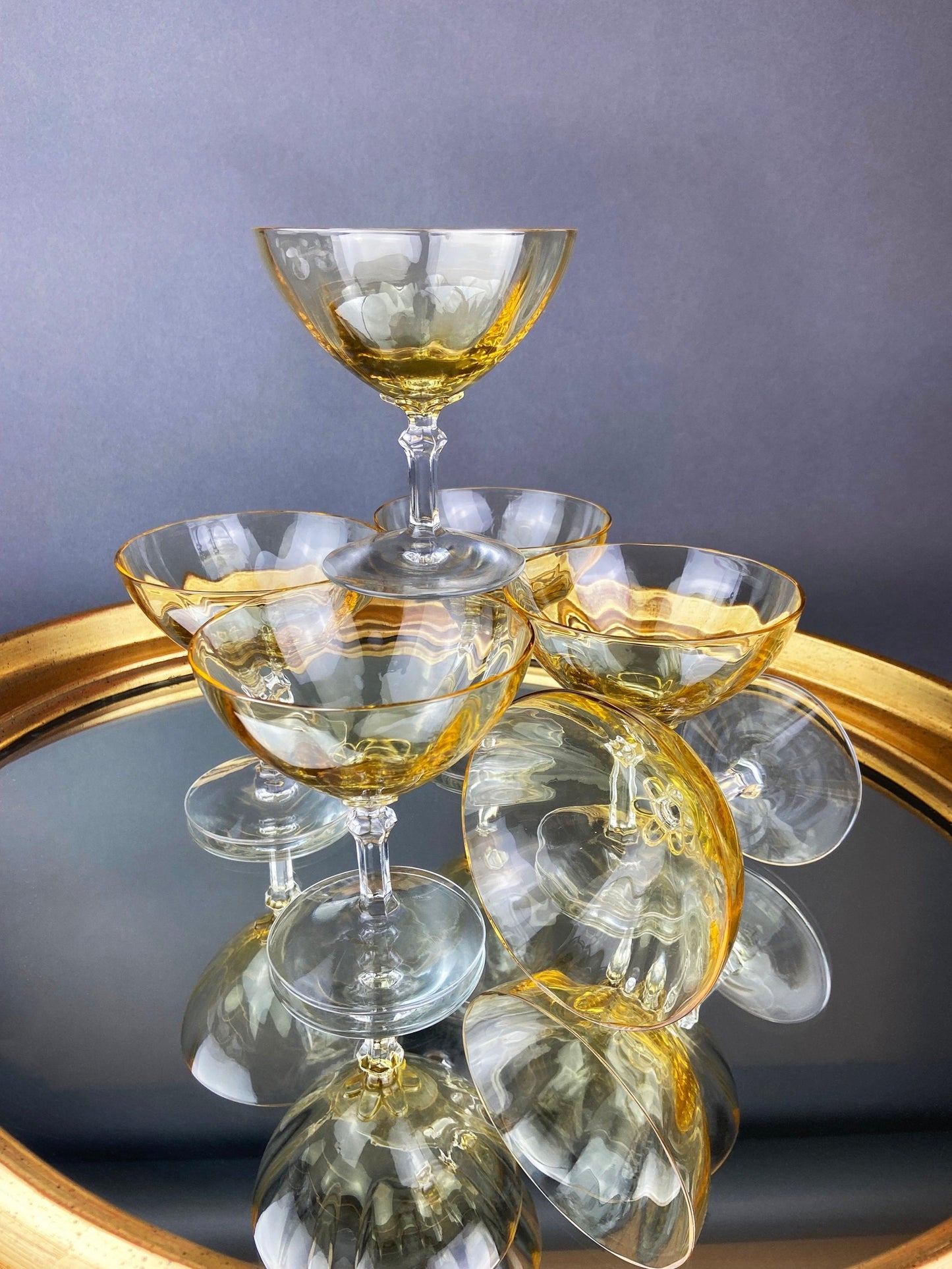 Vintage Fostoria Crystal Topaz Champagne Glasses. Light Yellow Depression Glass Low Sherbet Stemware. Gold Footed Glasses.  Set of Six.