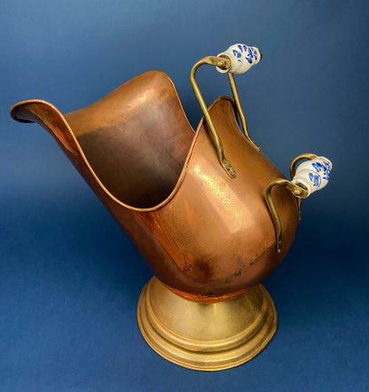 Antique Copper Cauldron with Brass Bottom & Ceramic Handles. Hand Hammered Scuttle for Firewood. Rustic Home Decor.