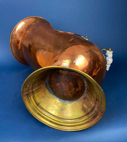 Antique Copper Cauldron with Brass Bottom & Ceramic Handles. Hand Hammered Scuttle for Firewood. Rustic Home Decor.