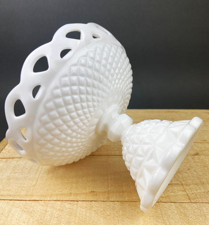 Vintage Milk Glass Compote or Footed Bowl. White Glass Candy Dish. Trinket Dish. Waffle Pattern with Scalloped Reticulated Edge.