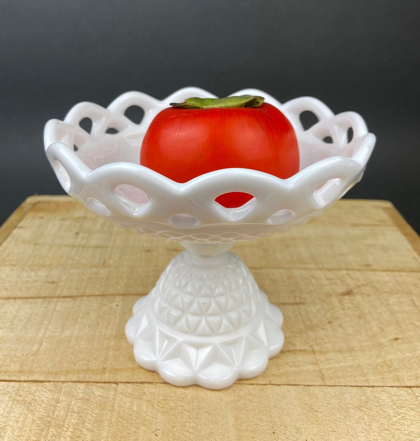 Vintage Milk Glass Compote or Footed Bowl. White Glass Candy Dish. Trinket Dish. Waffle Pattern with Scalloped Reticulated Edge.