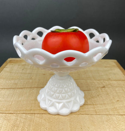 Vintage Milk Glass Compote or Footed Bowl. White Glass Candy Dish. Trinket Dish. Waffle Pattern with Scalloped Reticulated Edge.