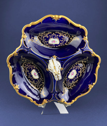 Antique Limoges Porcelain Divided Bowl: Gold Floral Motif, Scalloped Rim