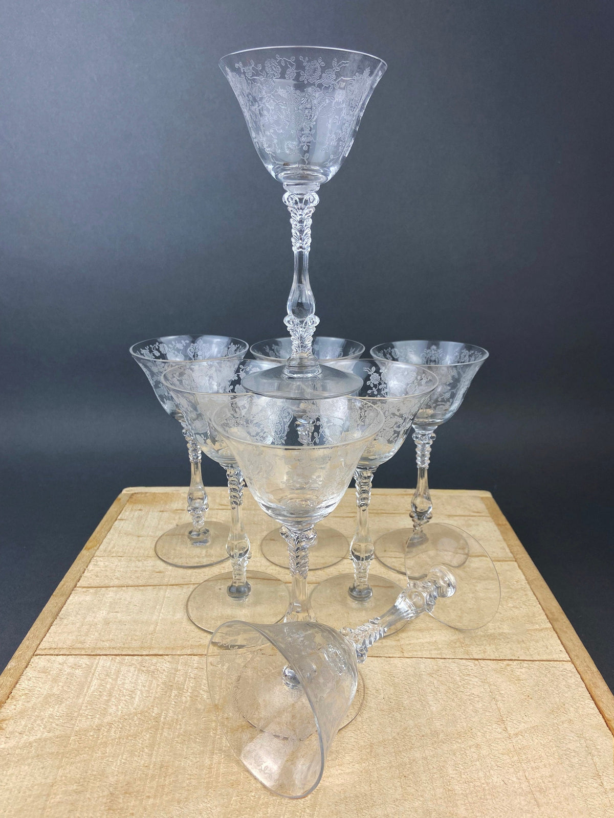 Cambridge Crystal Claret Glasses, Rosepoint Etched Floral Motif, Set of 8