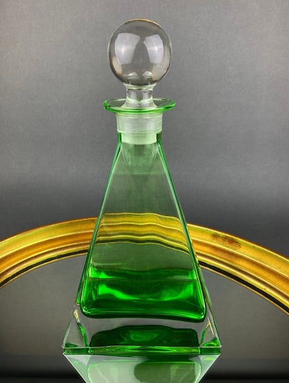 Green Crystal Decanter with Clear Stopper. Minimal Crystal Carafe. Office Decor. Social Club Decor. Men Cave Accessory. Gift for Dad.