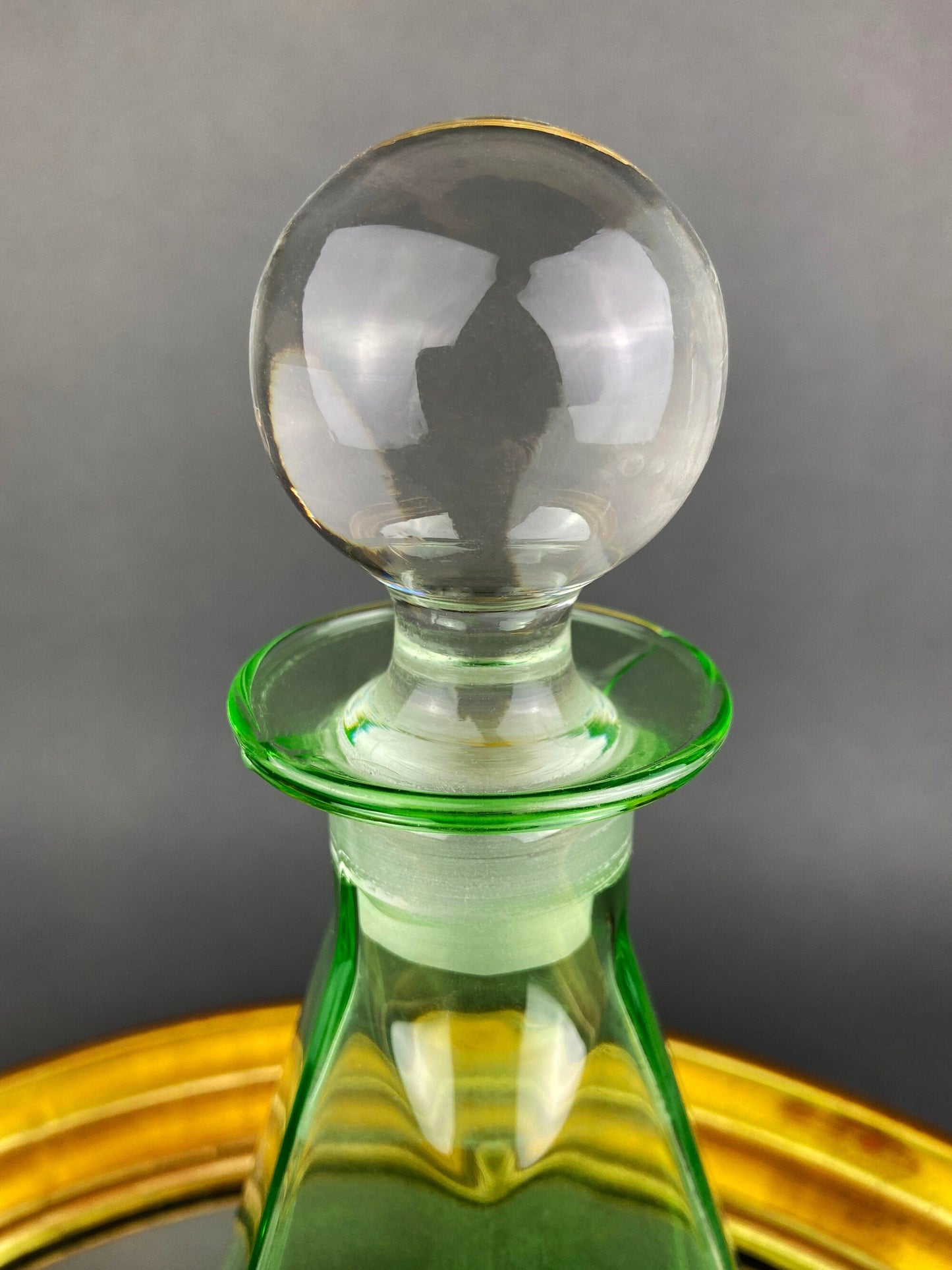 Green Crystal Decanter with Clear Stopper. Minimal Crystal Carafe. Office Decor. Social Club Decor. Men Cave Accessory. Gift for Dad.
