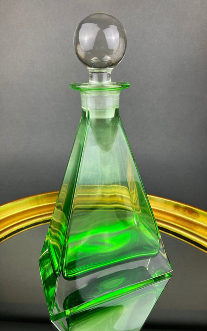Green Crystal Decanter with Clear Stopper. Minimal Crystal Carafe. Office Decor. Social Club Decor. Men Cave Accessory. Gift for Dad.