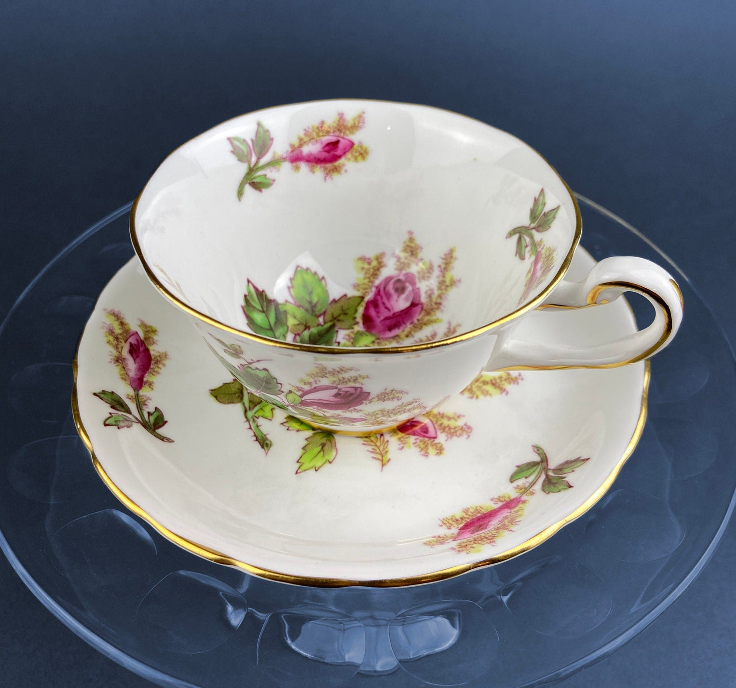 Vintage Royal Chelsey Moss Rose Tea Cup and Saucer, English Bone China