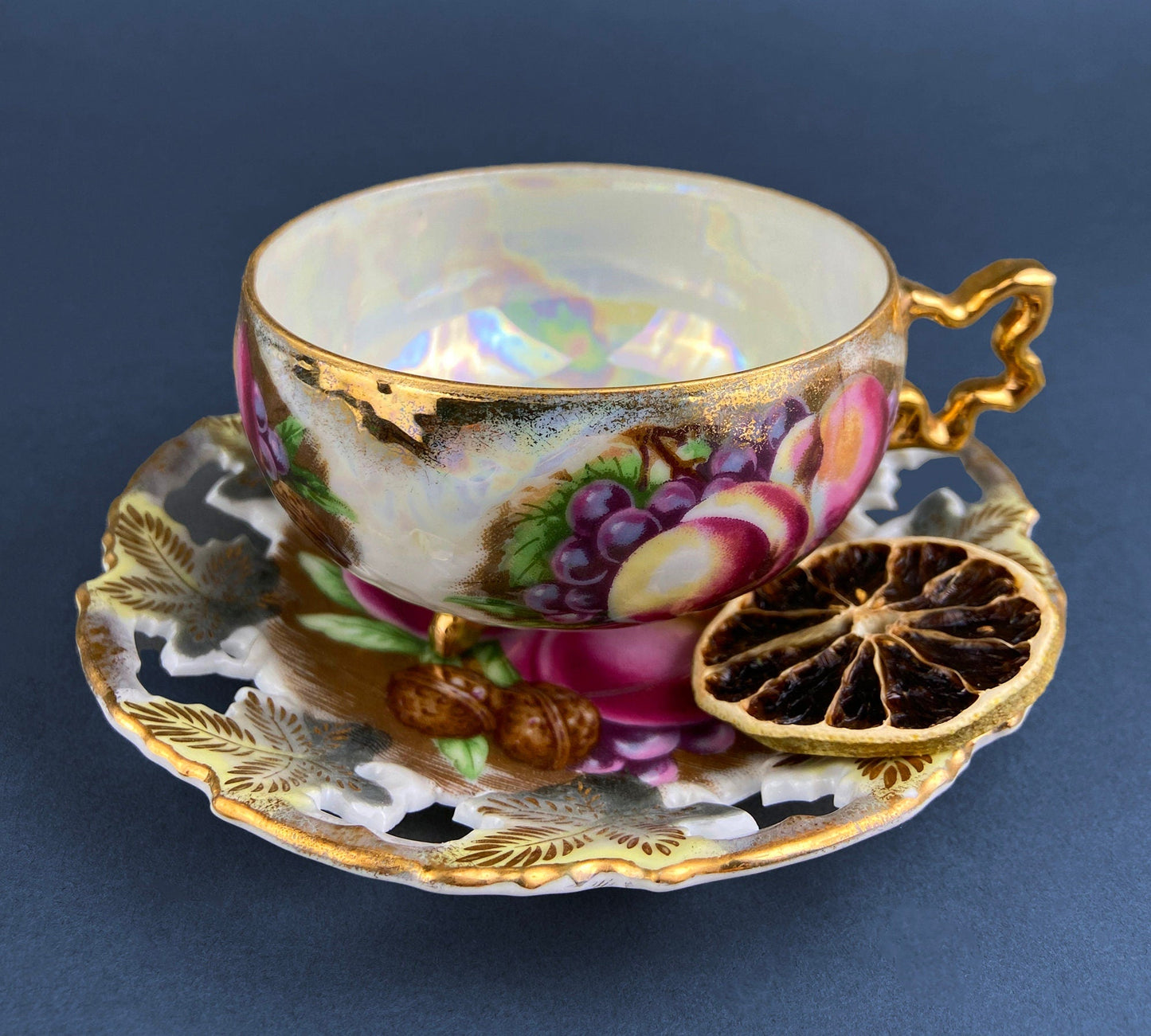 Vintage Metasco Tea Cup and Saucer, Cherry Blossom Iridescent Set