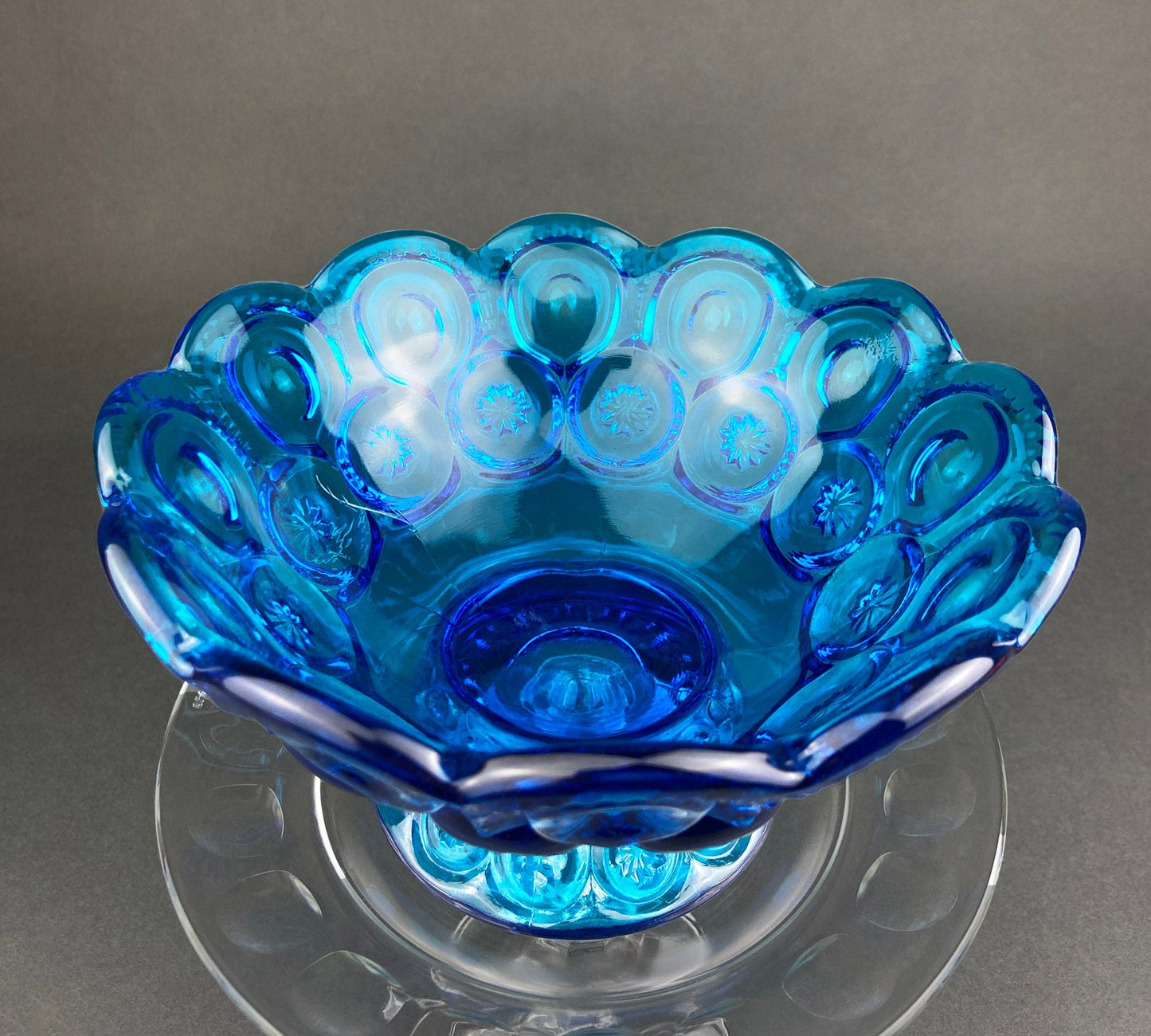 Vintage Blue Glass Footed Serving Bowl. 1960's Kings Crown Thumb Print Glass Jar with Ruffled Edge. Collectible Blue Glass Dish.