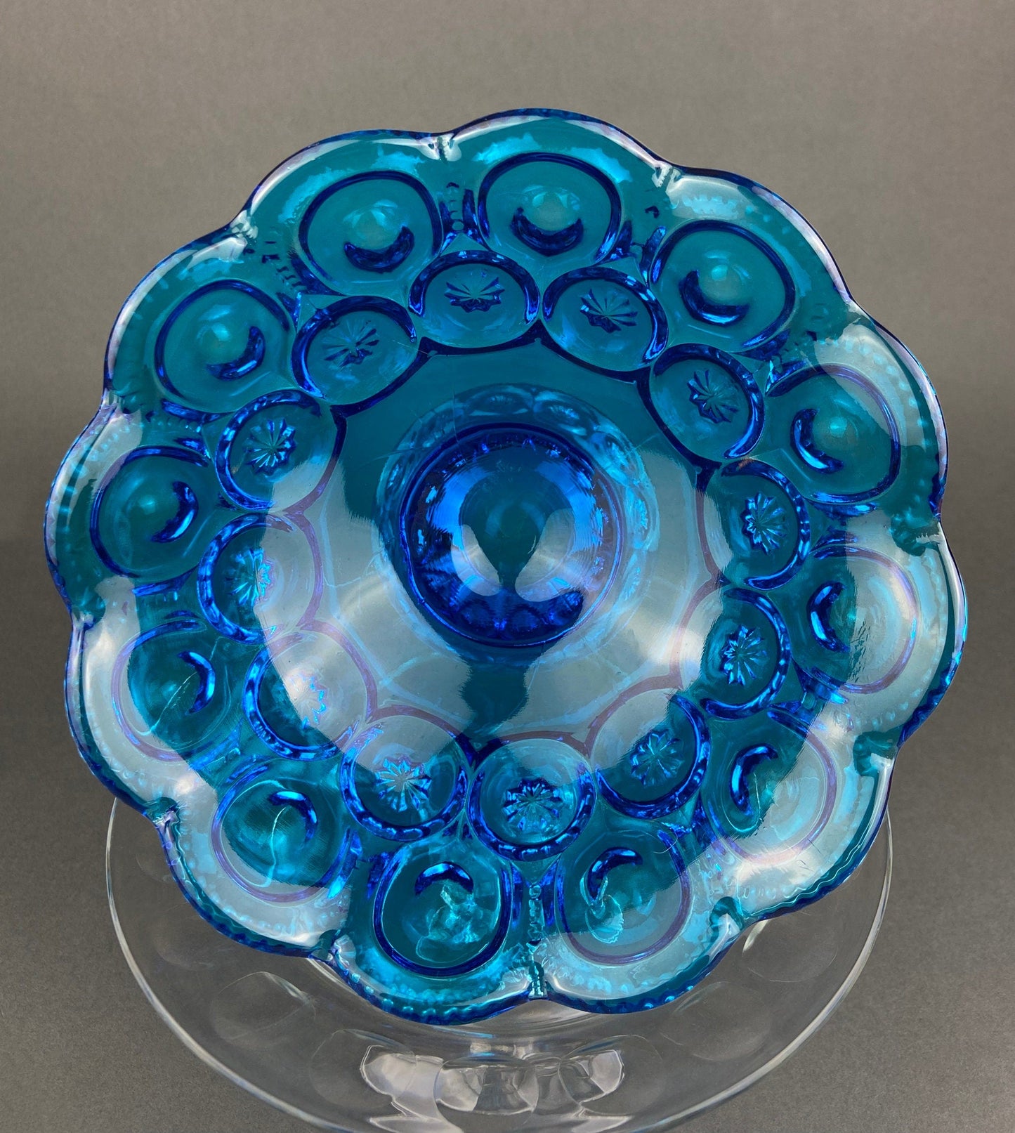 Vintage Blue Glass Footed Serving Bowl. 1960's Kings Crown Thumb Print Glass Jar with Ruffled Edge. Collectible Blue Glass Dish.