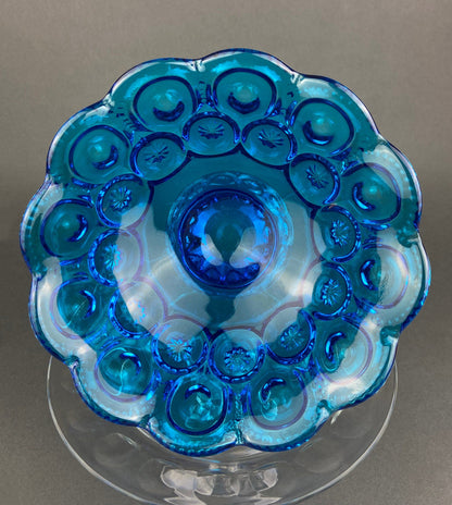 Vintage Blue Glass Footed Serving Bowl. 1960's Kings Crown Thumb Print Glass Jar with Ruffled Edge. Collectible Blue Glass Dish.