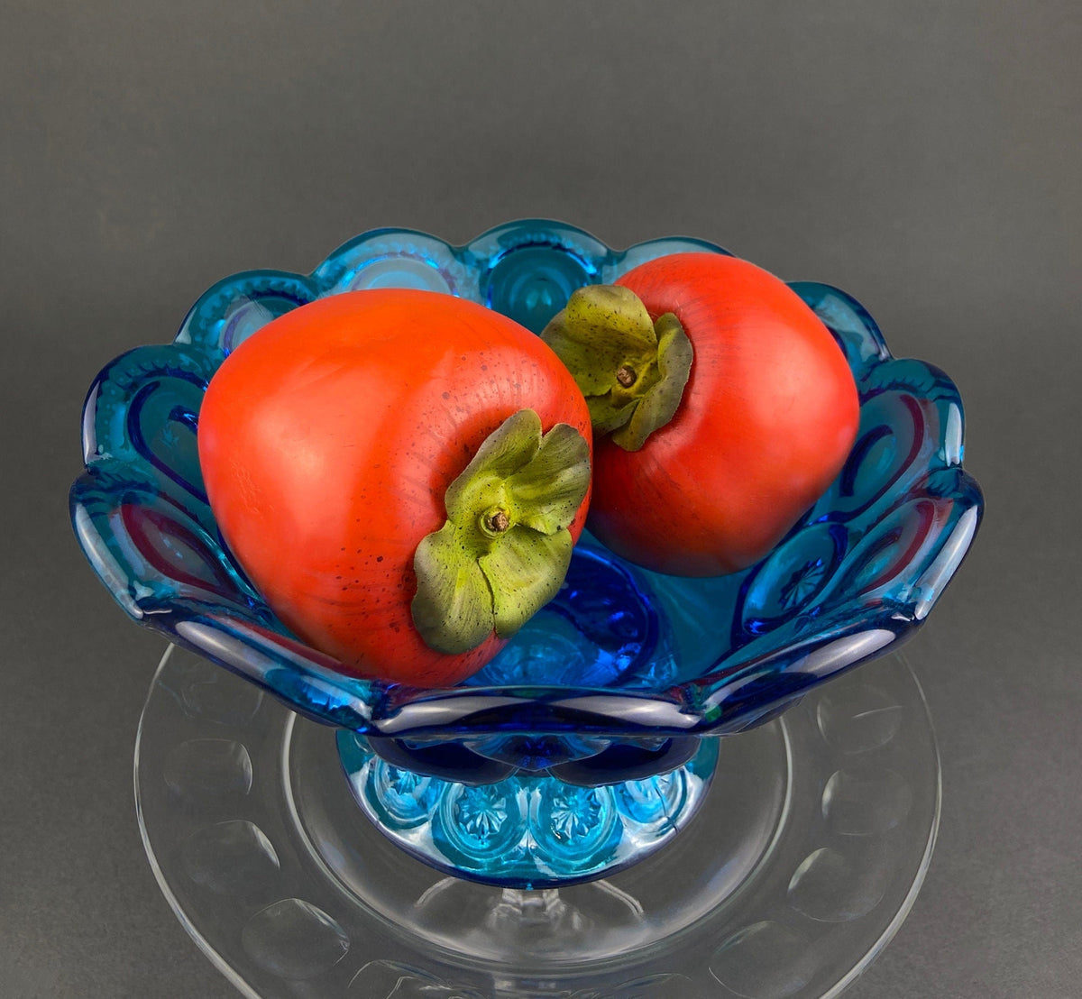 Vintage Blue Glass Footed Serving Bowl. 1960's Kings Crown Thumb Print Glass Jar with Ruffled Edge. Collectible Blue Glass Dish.