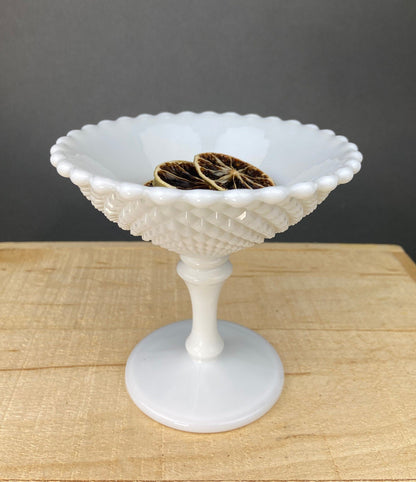 Milk Glass Serving Dish with Plate. Hobnail Serving Bowl for Dip, Dressing, or Sauce. White Scalloped Rim. Fine Dining. Collectible.